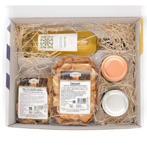 Box Alerìa-Deofoodis contenente cantucci, taralli, vino e creme artigianali.